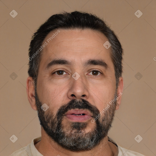 Neutral white adult male with short  black hair and brown eyes