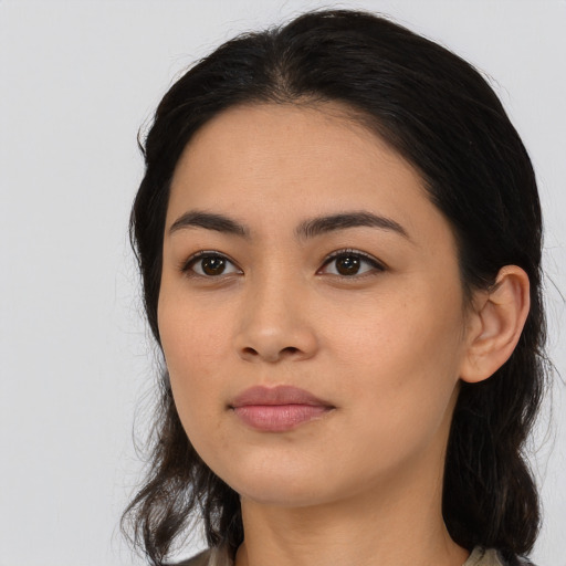 Neutral asian young-adult female with long  black hair and brown eyes