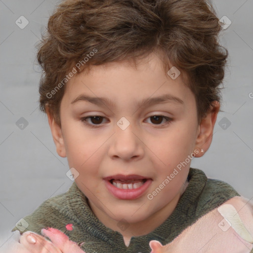 Joyful white child female with short  brown hair and brown eyes