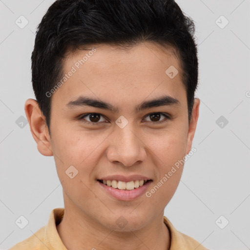 Joyful latino young-adult male with short  brown hair and brown eyes