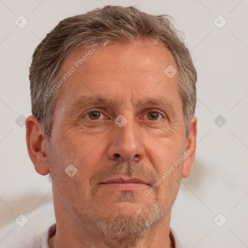 Neutral white middle-aged male with short  brown hair and brown eyes