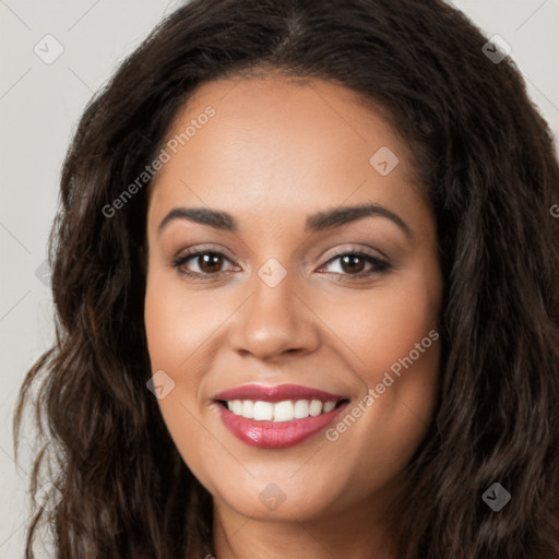 Joyful latino young-adult female with long  brown hair and brown eyes