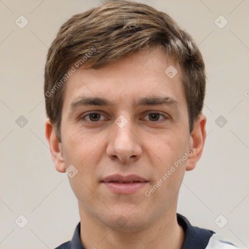 Joyful white adult male with short  brown hair and grey eyes