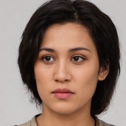 Neutral asian young-adult female with long  brown hair and brown eyes