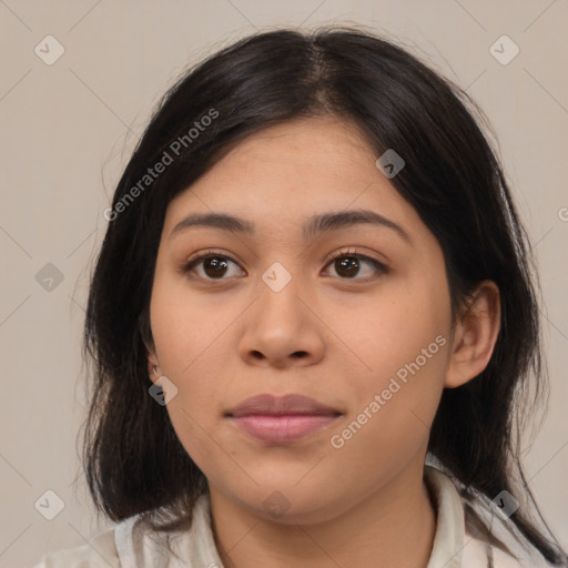 Joyful asian young-adult female with medium  black hair and brown eyes