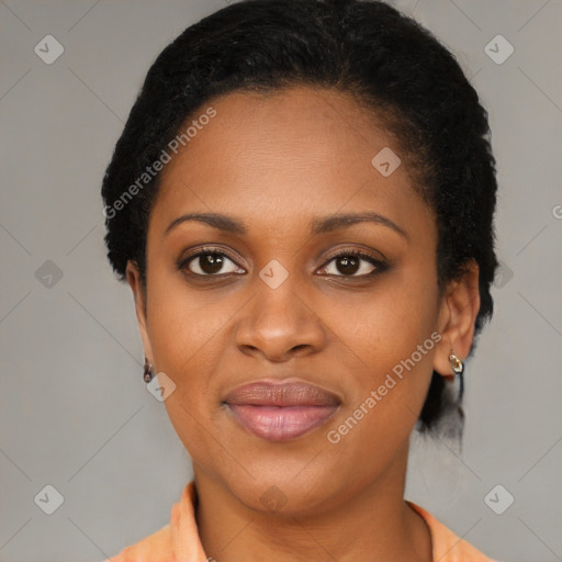 Joyful latino young-adult female with short  brown hair and brown eyes