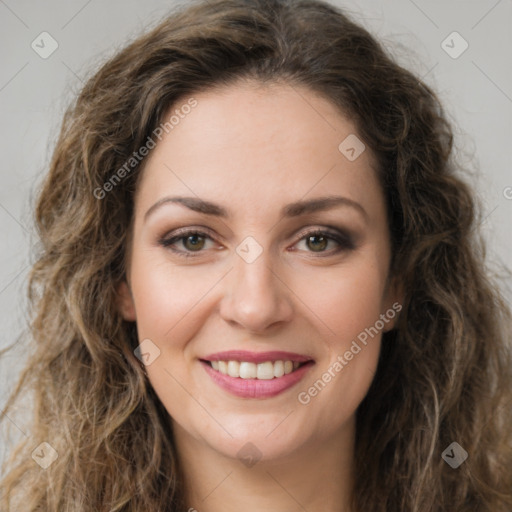 Joyful white young-adult female with long  brown hair and green eyes