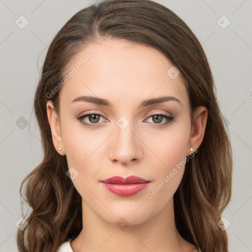 Neutral white young-adult female with long  brown hair and brown eyes