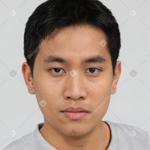 Neutral asian young-adult male with short  brown hair and brown eyes