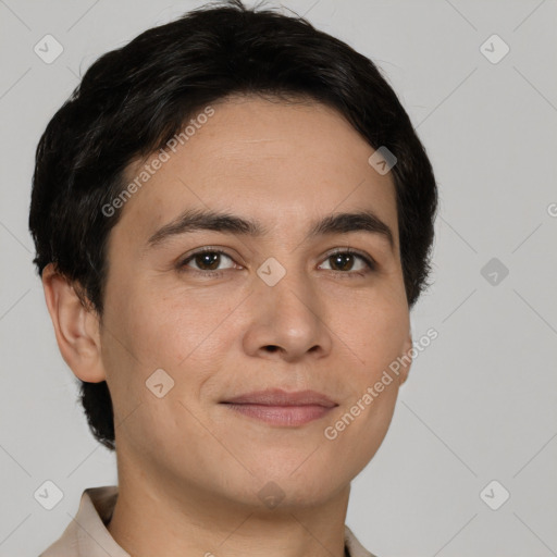 Joyful white young-adult male with short  black hair and brown eyes