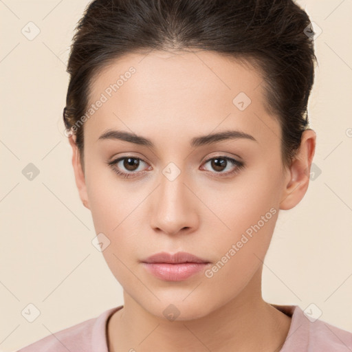 Neutral white young-adult female with short  brown hair and brown eyes