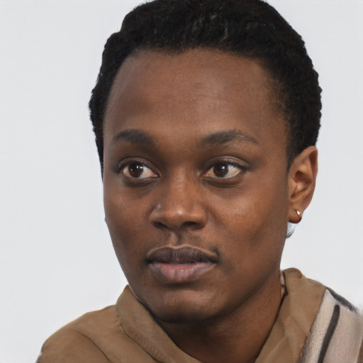 Neutral black young-adult female with short  black hair and brown eyes