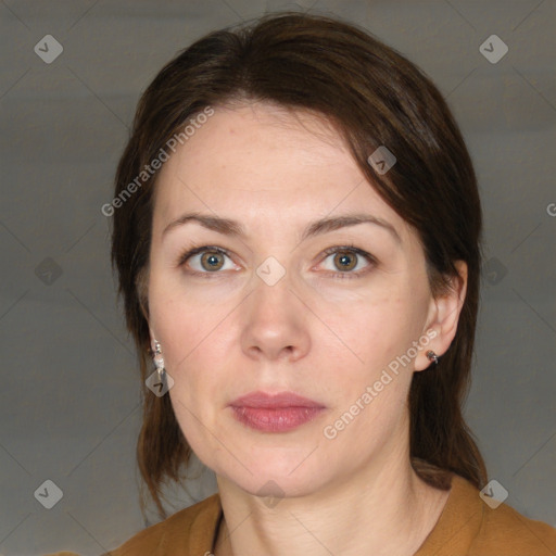 Neutral white adult female with medium  brown hair and brown eyes