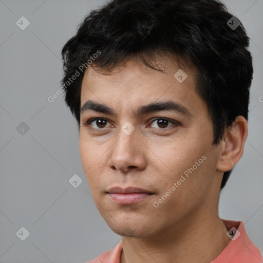 Neutral white young-adult male with short  black hair and brown eyes