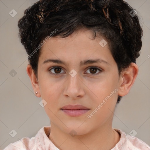 Joyful white child female with short  brown hair and brown eyes