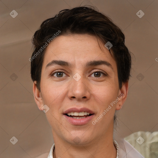 Joyful white adult female with short  brown hair and brown eyes