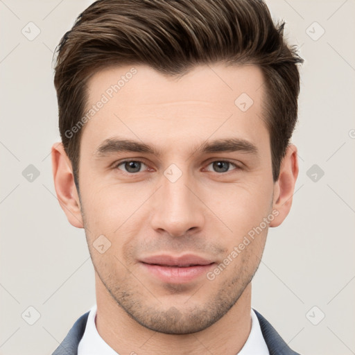 Joyful white young-adult male with short  brown hair and brown eyes