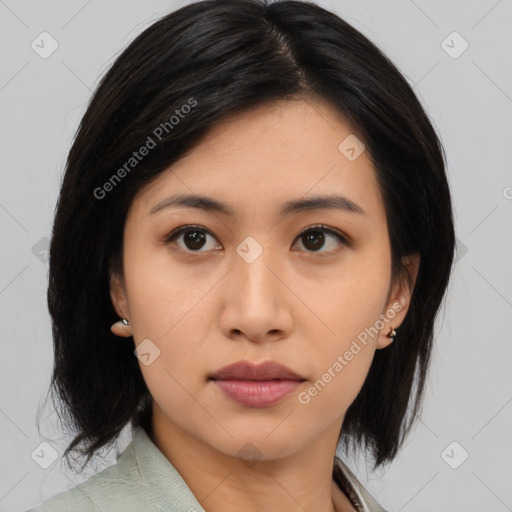 Neutral asian young-adult female with medium  black hair and brown eyes