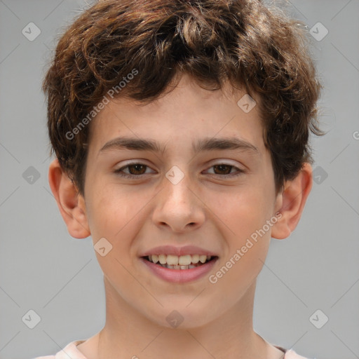 Joyful white child male with short  brown hair and brown eyes