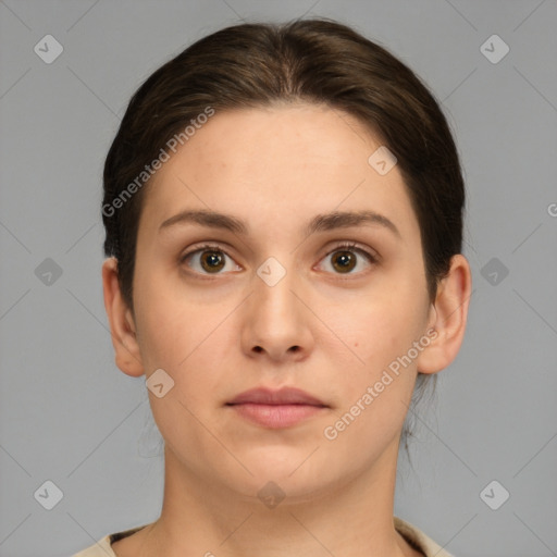 Neutral white young-adult female with medium  brown hair and brown eyes