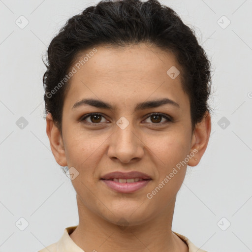 Joyful latino young-adult female with short  brown hair and brown eyes