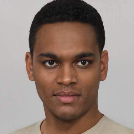 Neutral black young-adult male with short  black hair and brown eyes