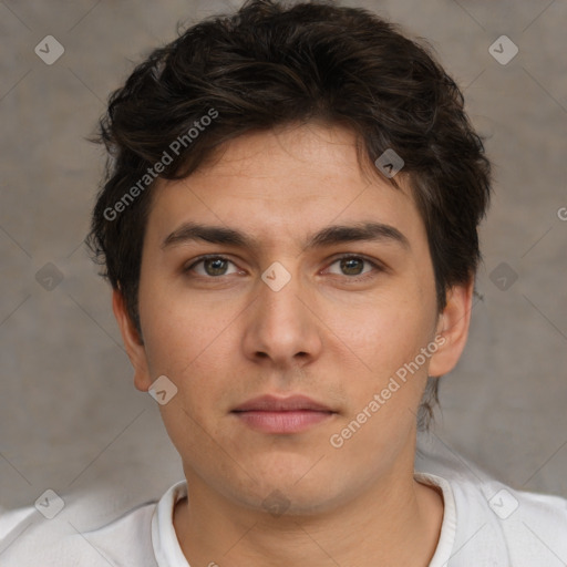 Neutral white young-adult male with short  brown hair and brown eyes