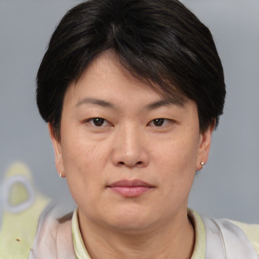 Neutral asian young-adult female with short  brown hair and brown eyes