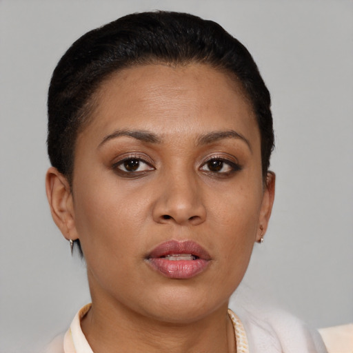 Neutral latino young-adult female with short  brown hair and brown eyes