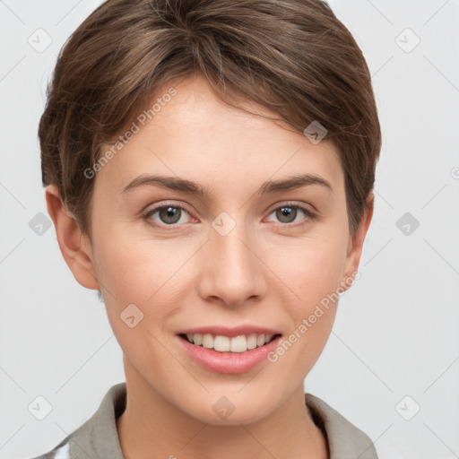 Joyful white young-adult female with short  brown hair and grey eyes