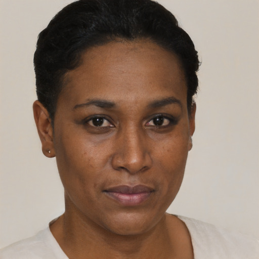 Neutral black young-adult female with short  black hair and brown eyes