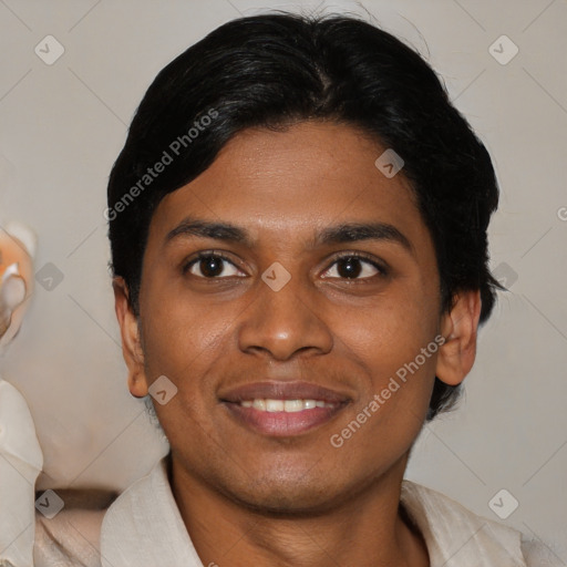 Joyful asian young-adult female with medium  black hair and brown eyes