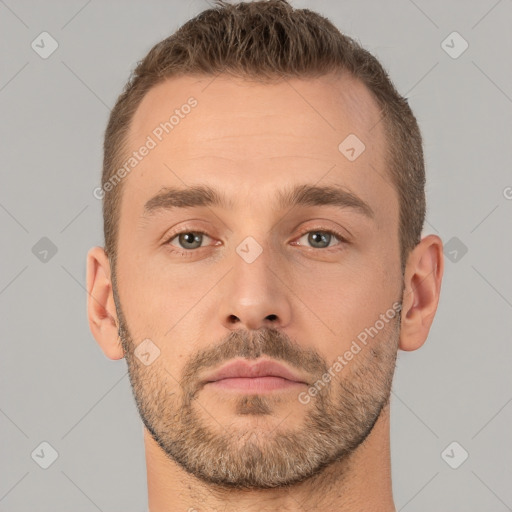 Neutral white adult male with short  brown hair and brown eyes