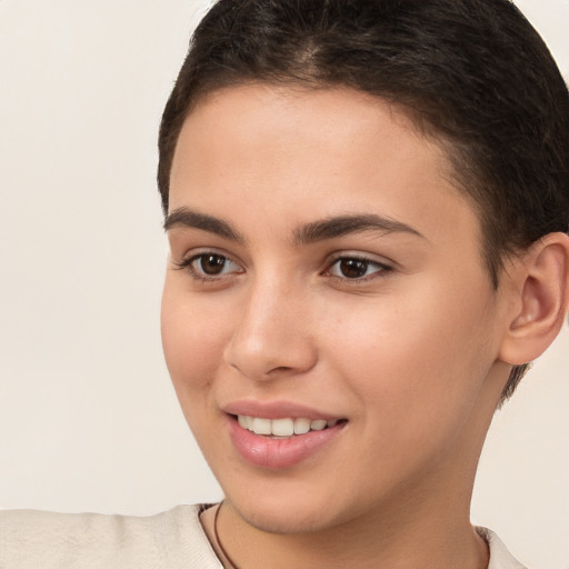 Joyful white young-adult female with short  brown hair and brown eyes