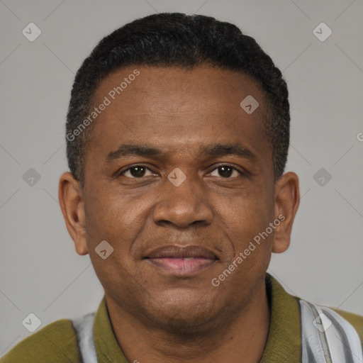 Joyful latino young-adult male with short  brown hair and brown eyes