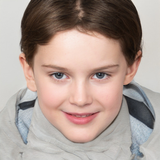 Joyful white child female with medium  brown hair and blue eyes