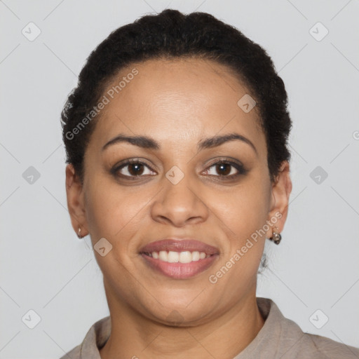 Joyful latino young-adult female with short  brown hair and brown eyes