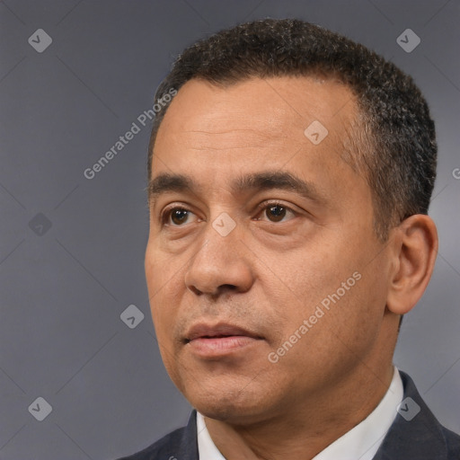 Neutral white adult male with short  black hair and brown eyes