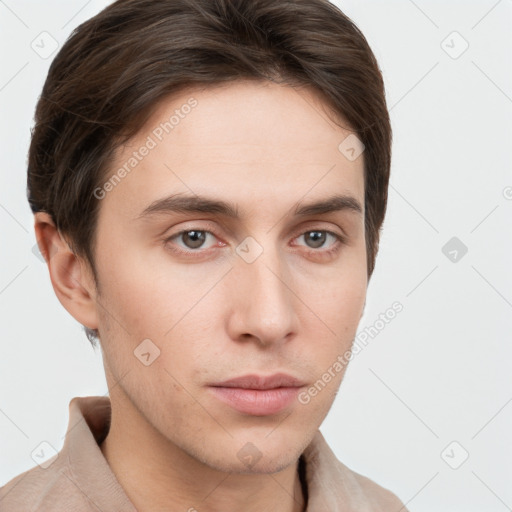 Neutral white young-adult male with short  brown hair and grey eyes