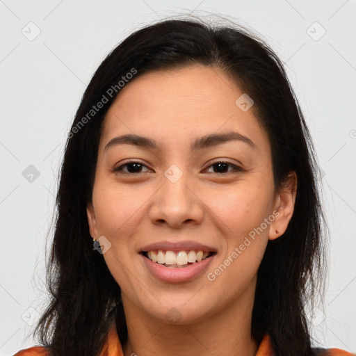 Joyful asian young-adult female with long  brown hair and brown eyes