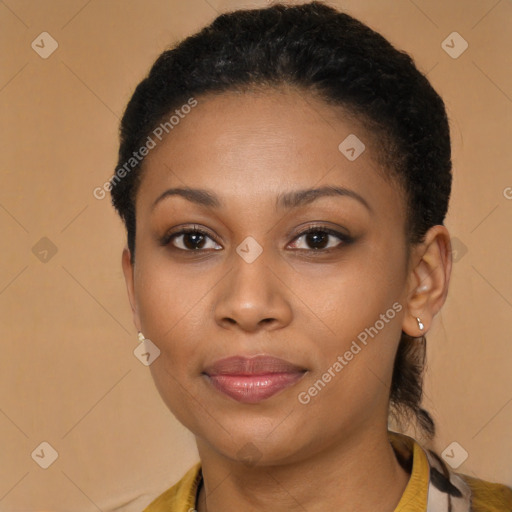 Joyful latino young-adult female with short  brown hair and brown eyes