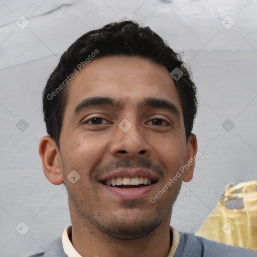Joyful white young-adult male with short  black hair and brown eyes