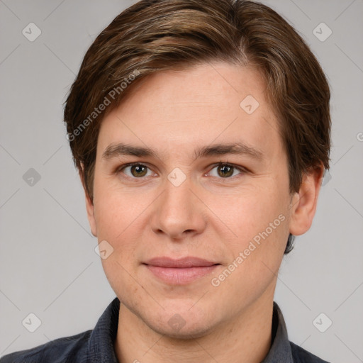 Joyful white young-adult female with short  brown hair and grey eyes