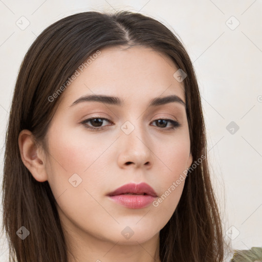 Neutral white young-adult female with long  brown hair and brown eyes