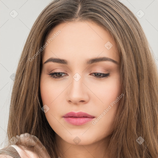 Neutral white young-adult female with long  brown hair and brown eyes