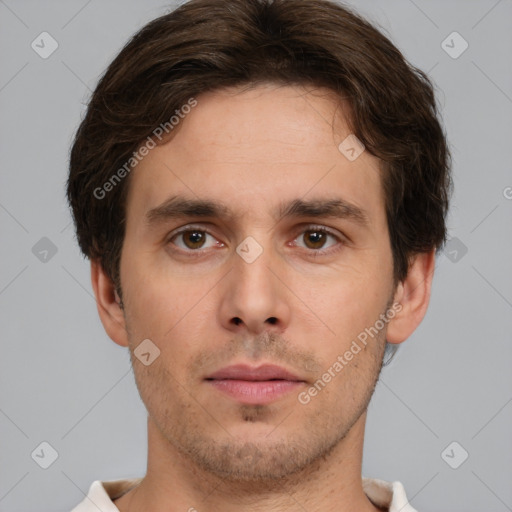 Neutral white young-adult male with short  brown hair and brown eyes