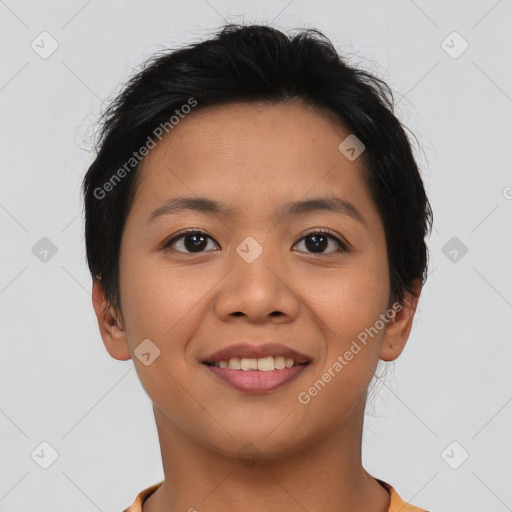 Joyful asian young-adult female with short  brown hair and brown eyes