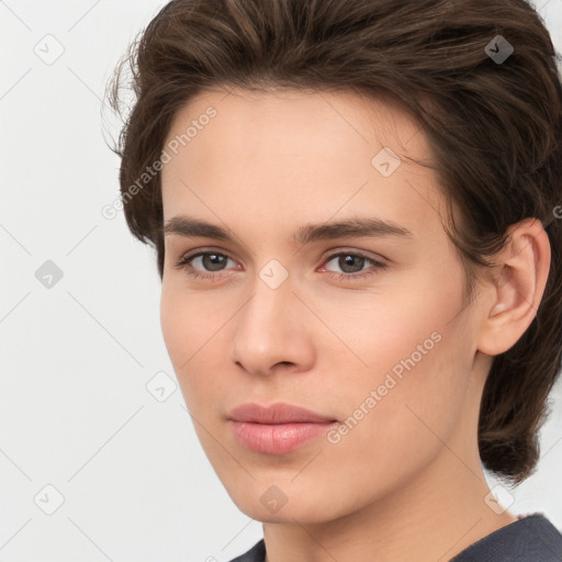 Neutral white young-adult female with medium  brown hair and brown eyes