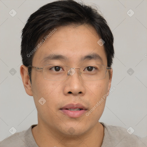 Neutral asian young-adult male with short  brown hair and brown eyes