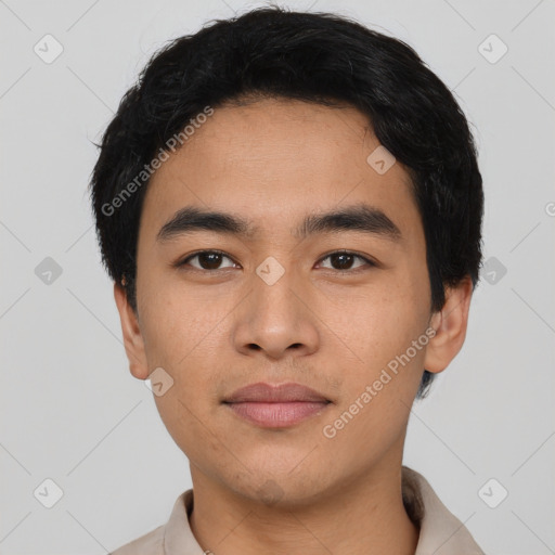 Neutral asian young-adult male with short  black hair and brown eyes